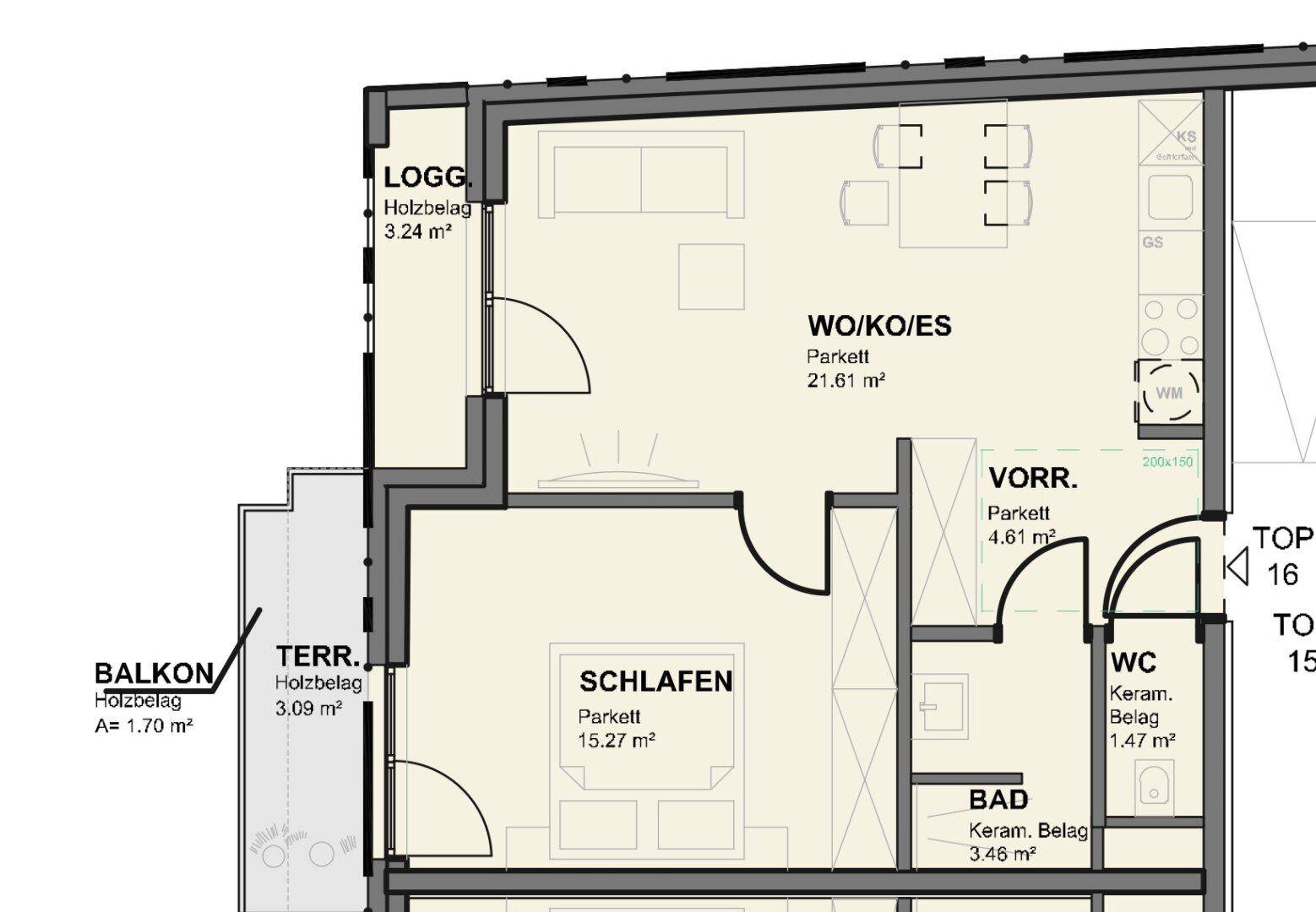 Grundriss einer Wohnung mit offenem Wohnbereich, Schlafzimmer, Bad und mehreren Außenbereichen.