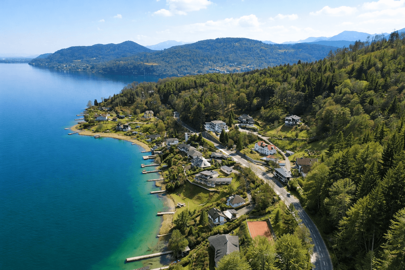 Weitläufige Luftaufnahme der Seenlandschaft mit Häusern, Bergen und einer Straße entlang des Ufers.
