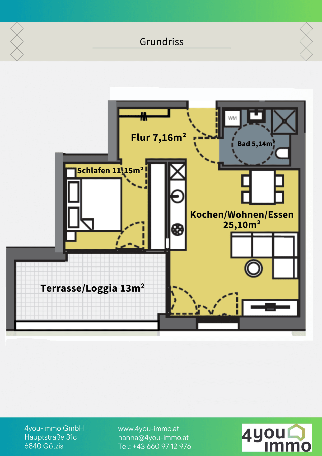 Grundriss einer Wohnung mit Schlafzimmer, offenem Wohnbereich und Terrasse/Loggia.