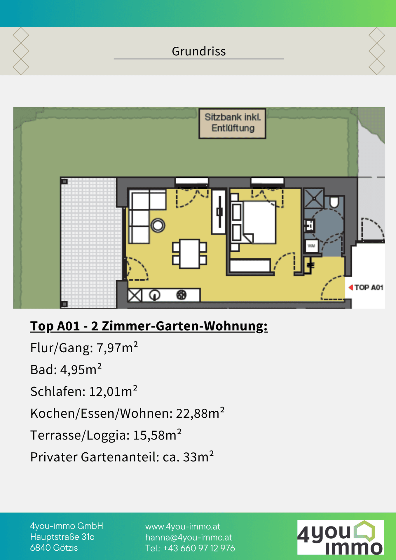 Detaillierter Grundriss einer 2-Zimmer-Garten-Wohnung mit Flächenangaben und Terrasse.