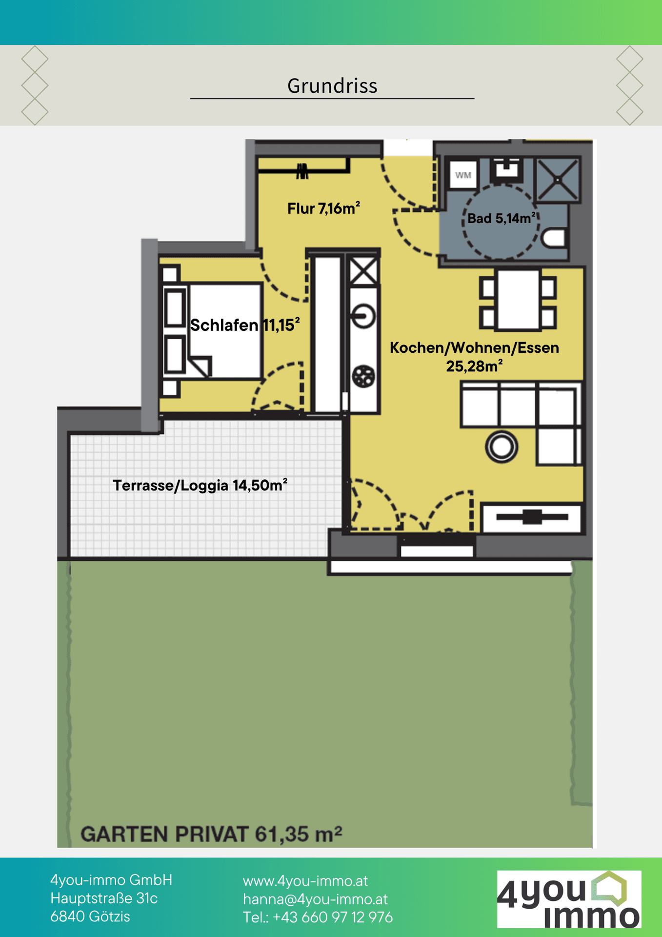 Detaillierter Grundriss einer Wohnung mit Terrasse/Loggia und privatem Garten.