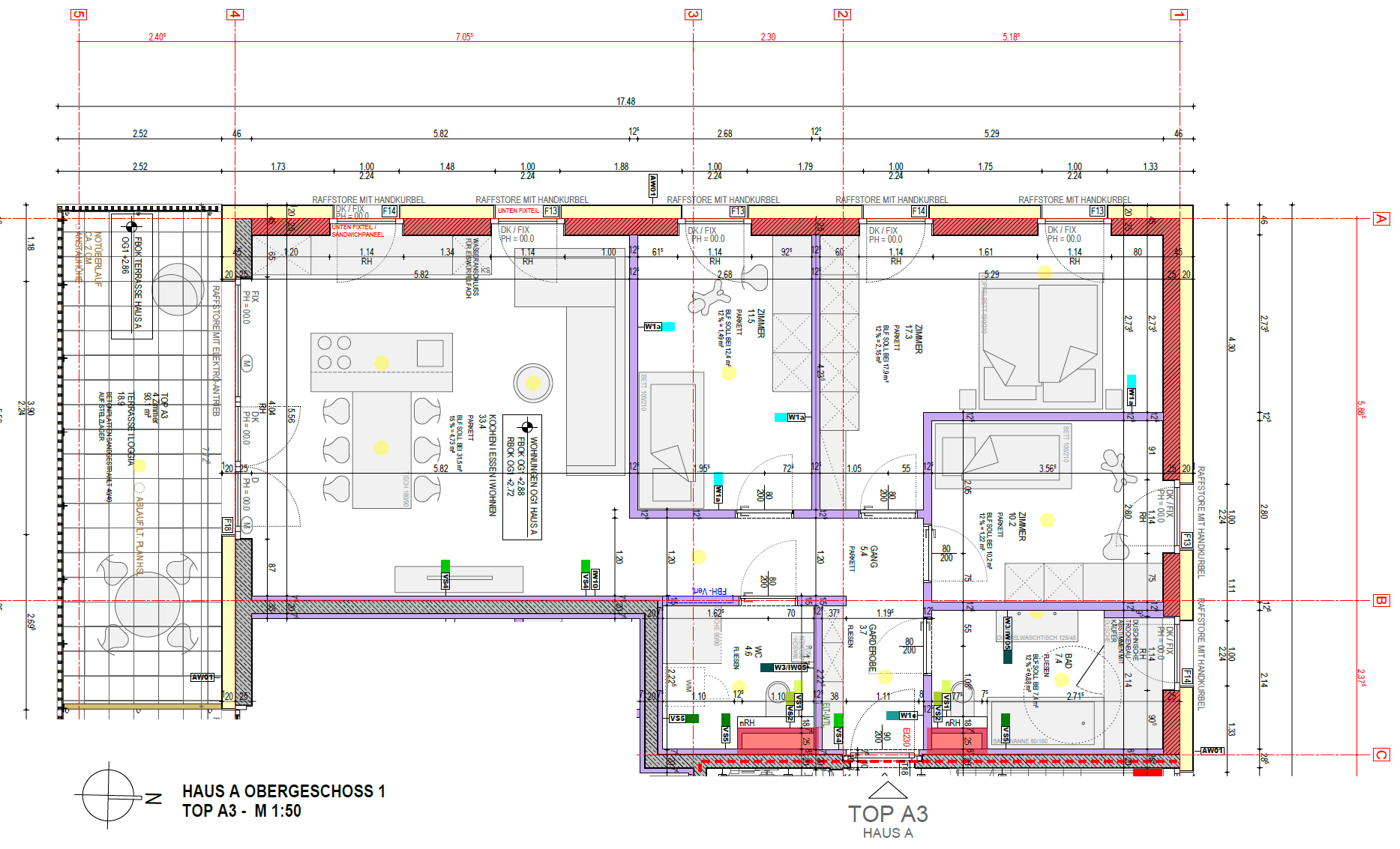 Detaillierter Grundriss des Obergeschosses von Haus A mit Raumaufteilung und Balkon.