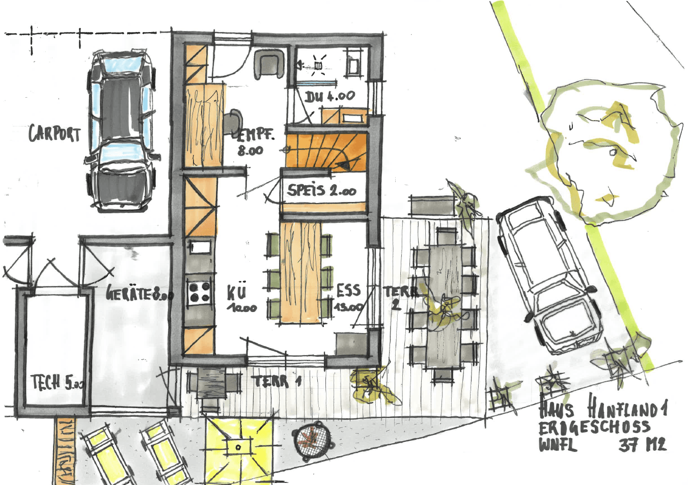 Detaillierter Grundriss des Erdgeschosses mit Küche, Essbereich, Terrasse und Carport.