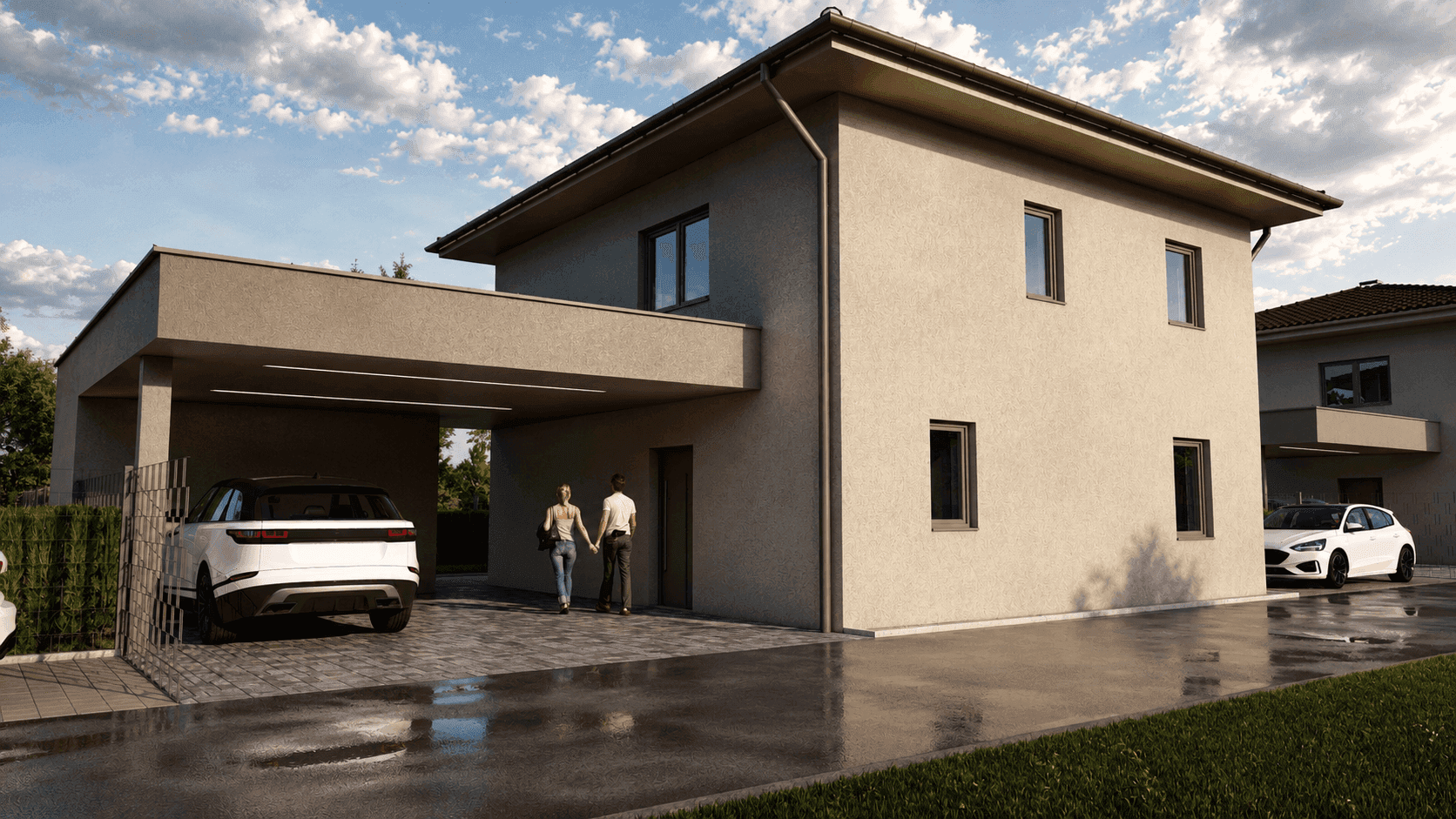 Modernes Einfamilienhaus mit überdachtem Carport und gepflasterter Zufahrt bei sonnigem Wetter.