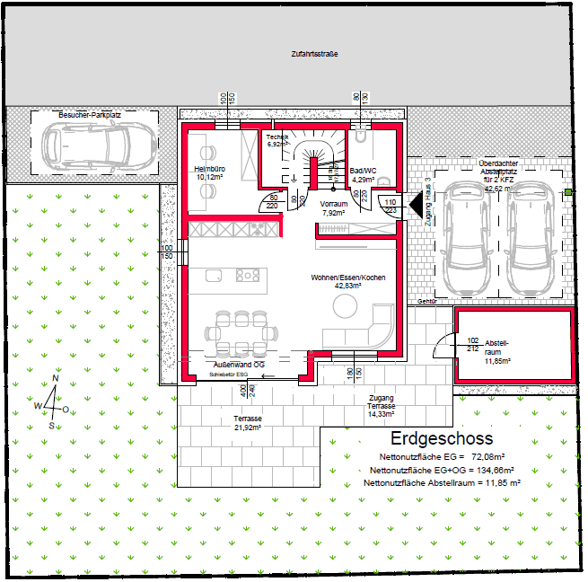 Grundriss des Erdgeschosses mit Wohn-/Ess-/Kochbereich, Büro, Bad und überdachtem Abstellplatz.