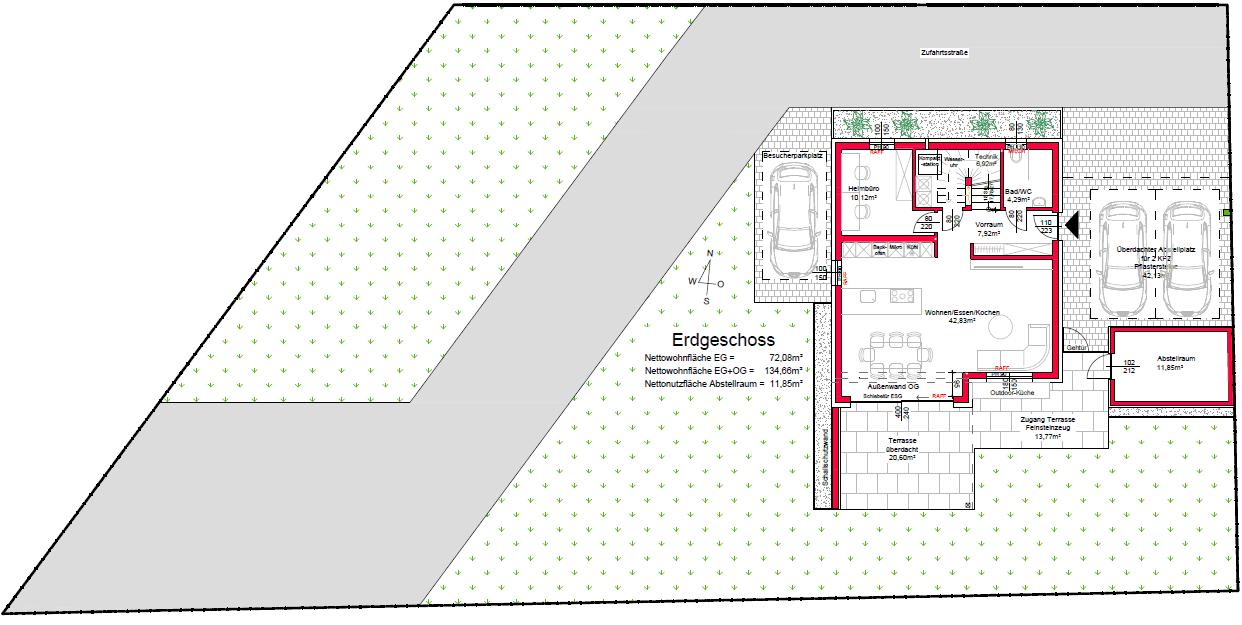 Grundriss des Erdgeschosses mit offenem Wohn-/Ess-/Kochbereich, Büro und großer Terrasse.