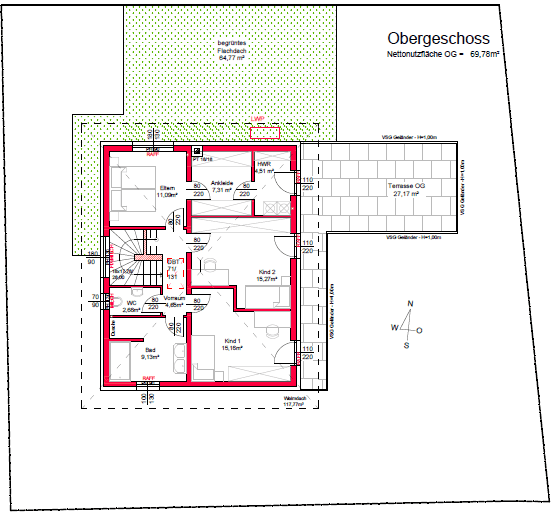Grundriss des Obergeschosses mit drei Schlafzimmern, einem Büro, Bad, WC und einer großen Terrasse.