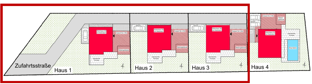 Gesamtübersichtsplan der Reihenhaussiedlung mit vier Häusern, Zufahrtsstraße und Pool bei Haus 4.