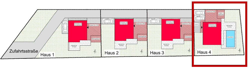 Lageplan der vier Häuser mit Zufahrtsstraße, Carports und dem Pool für Haus 4.