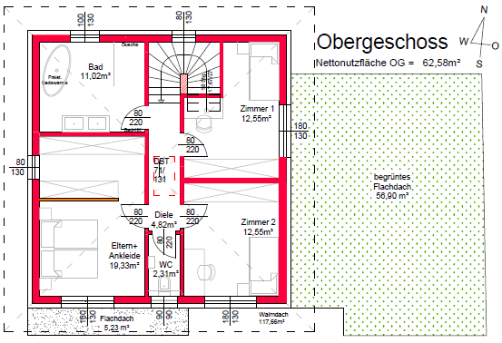 Grundriss des Obergeschosses mit zwei Schlafzimmern, Bad, Ankleide und Flachdachbereich.