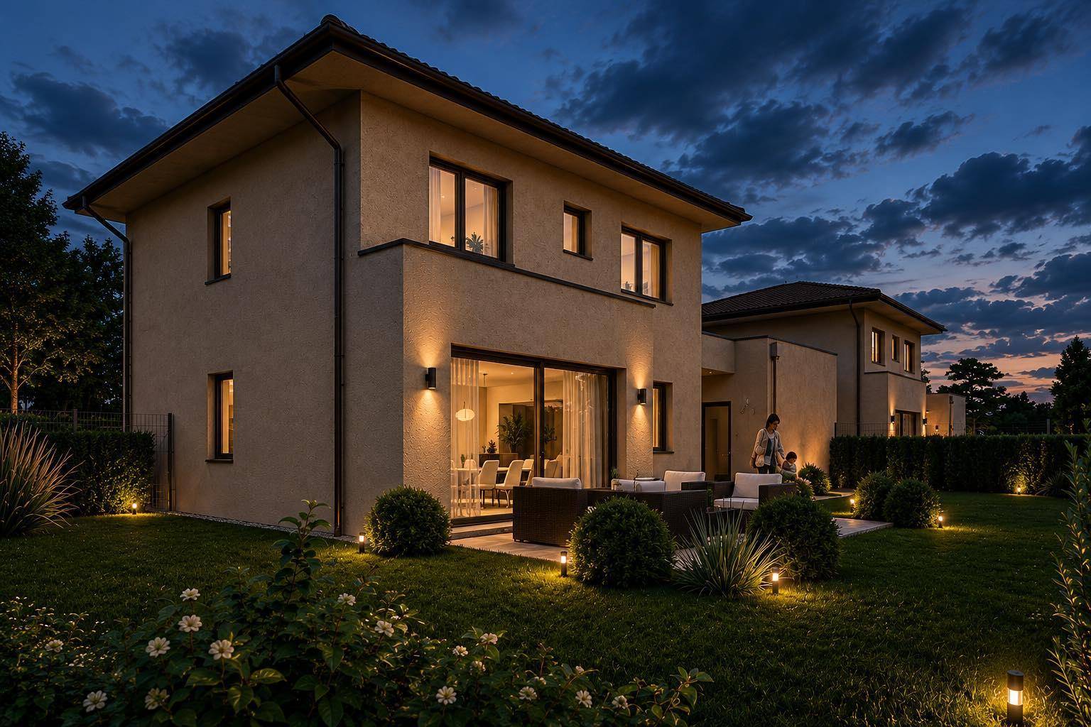 Abendliche Ansicht des modernen Einfamilienhauses mit beleuchteter Terrasse und Garten unter dunklem Himmel.