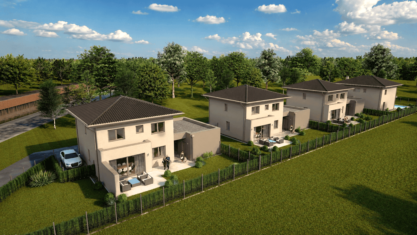 Moderne Reihenhaussiedlung mit Einfamilienhäusern, Gärten und Terrassen unter blauem Himmel.