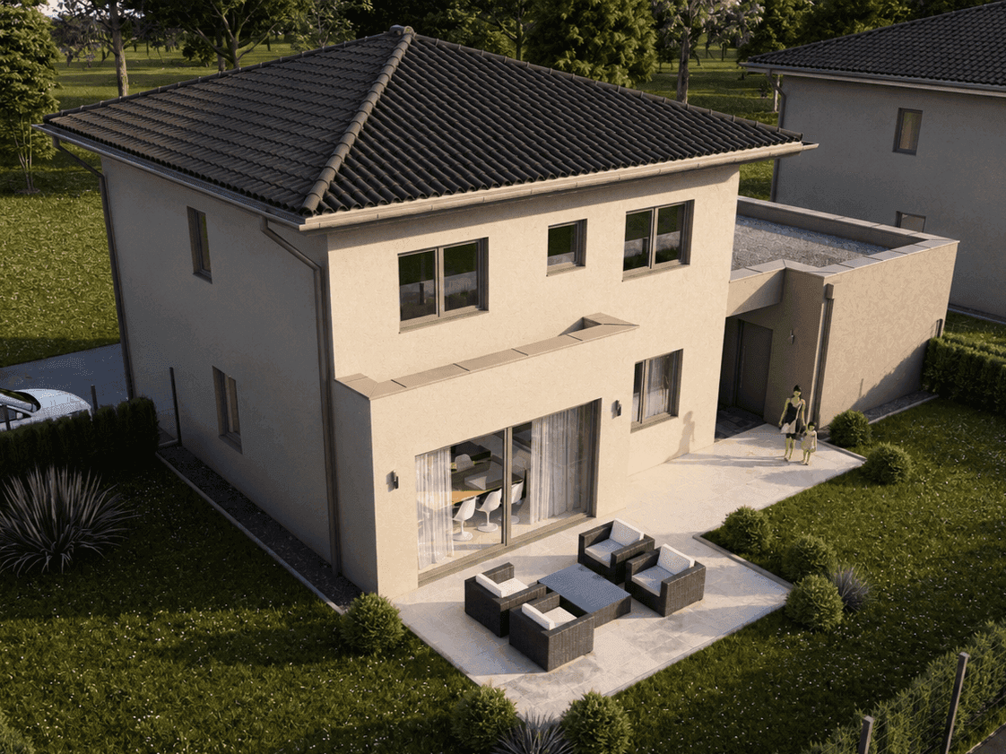 Vogelperspektive eines modernen Einfamilienhauses mit Terrasse, Garten und Carport in ländlicher Umgebung.