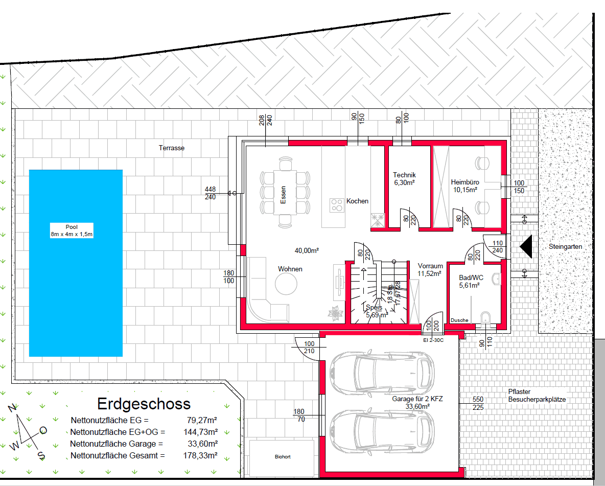Grundriss des Erdgeschosses mit Wohnbereich, Küche, Garage und Pool.