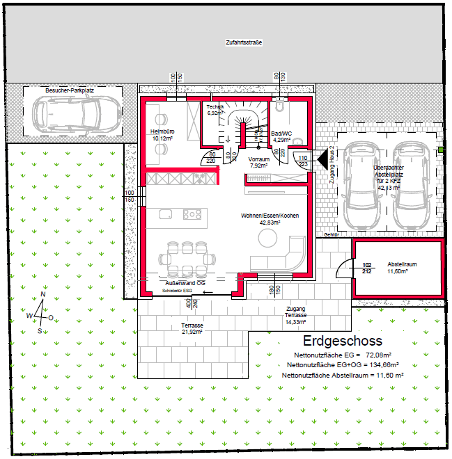 Detaillierter Grundriss des Erdgeschosses mit offenem Wohnbereich, Büro und Zugang zur Terrasse.