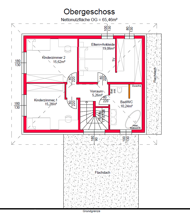 Grundriss des Obergeschosses mit Schlafzimmern, Ankleide und Badezimmer.
