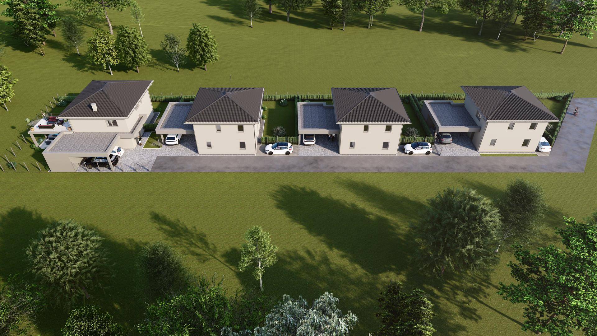 Luftaufnahme einer Reihe moderner Einfamilienhäuser mit Gärten und Carports in einer Wohnsiedlung.