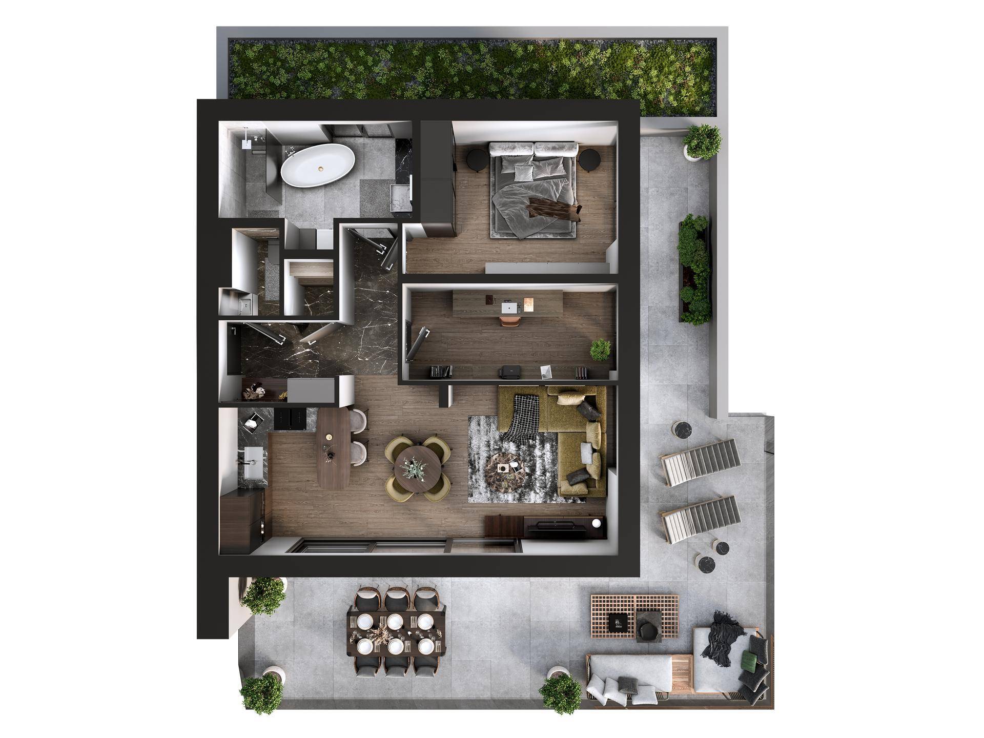 3D-Grundriss einer modernen Wohnung mit offenem Wohnbereich, Schlafzimmer und großer Außenterrasse.