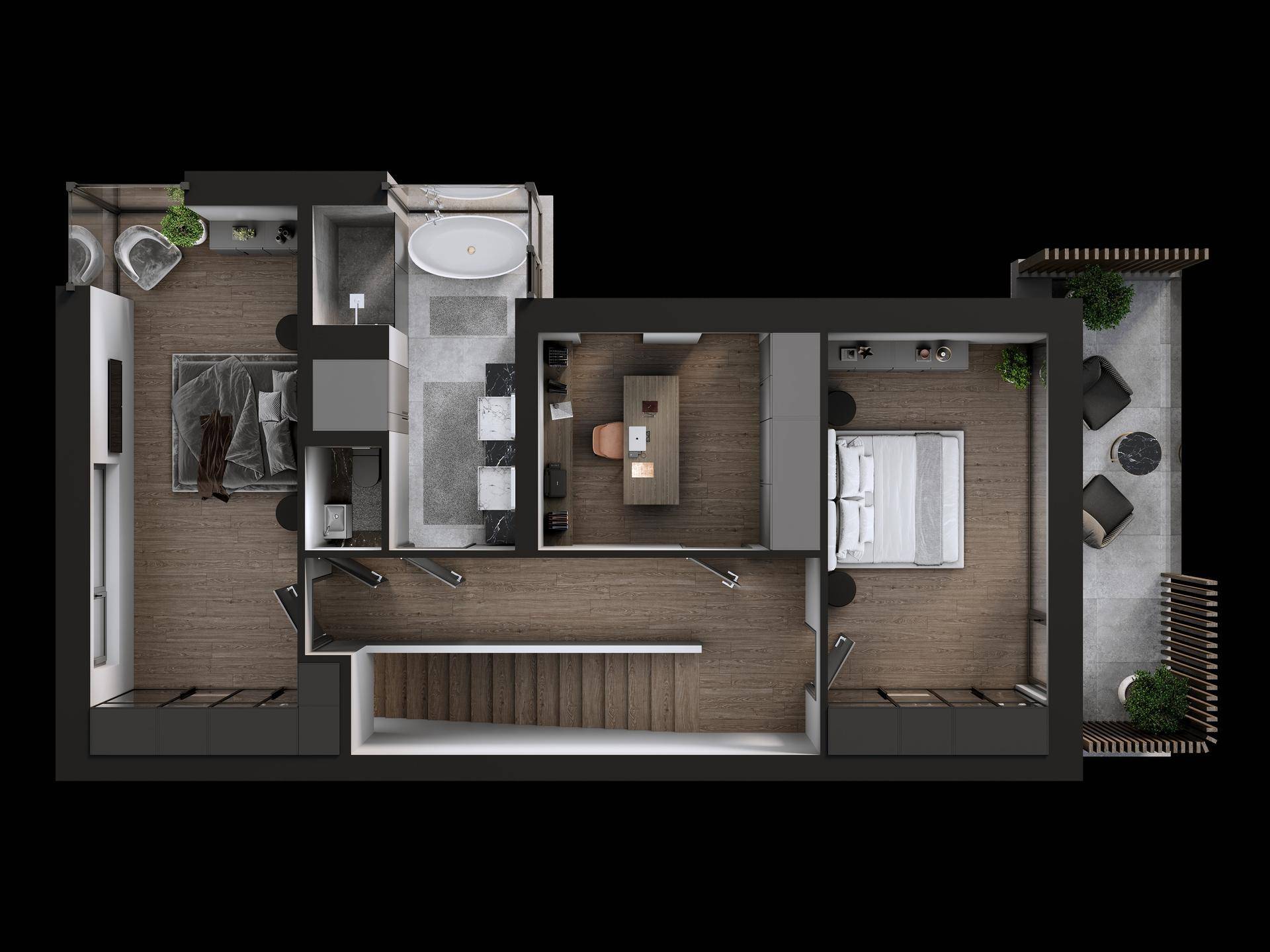 Grundriss des Obergeschosses mit Schlafzimmern, Bädern und Zugang zu einem Balkon.