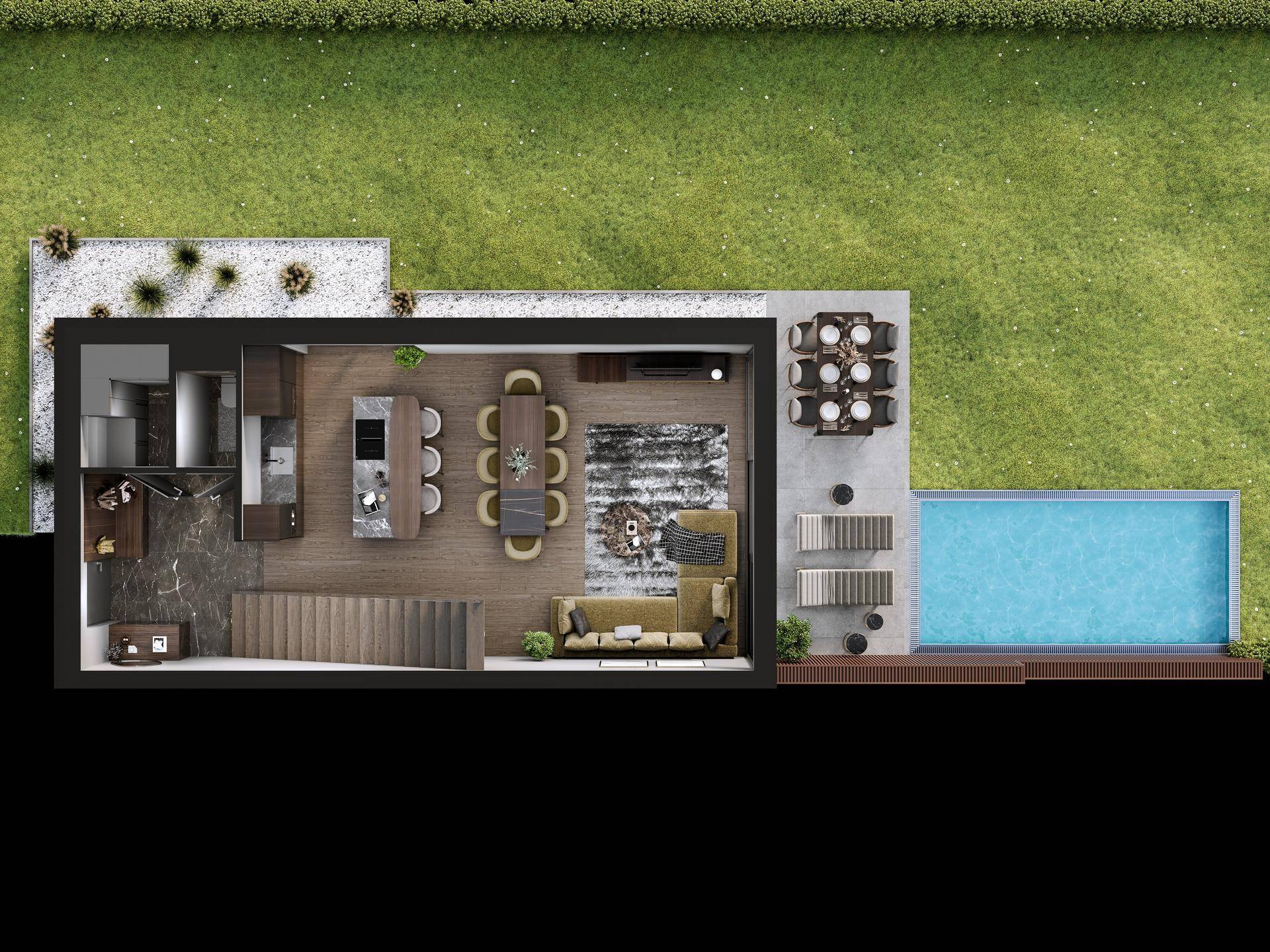 Grundriss des Erdgeschosses mit offenem Wohnbereich, Küche, Terrasse und privatem Pool.