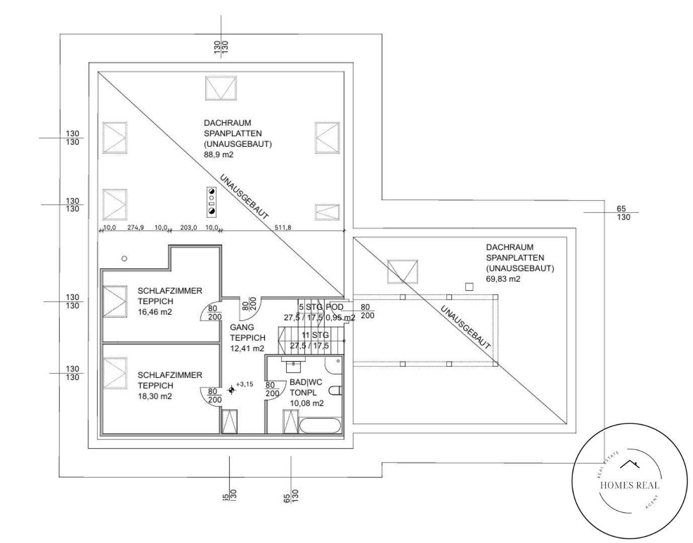 Grundriss des Dachgeschosses mit Schlafzimmern, Bad und unausgebautem Dachraum.