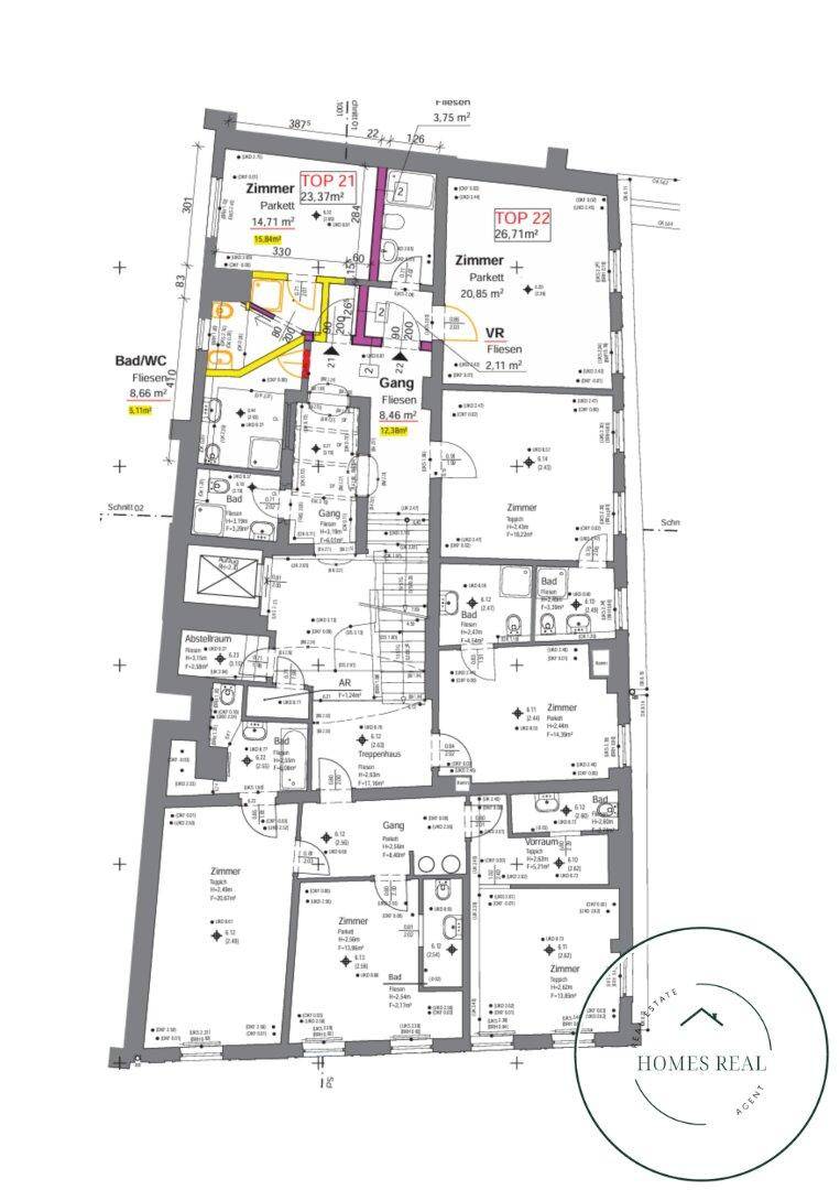 Grundrissplan einer Etage mit mehreren Zimmern, Bädern und Gängen, inklusive Flächenangaben.