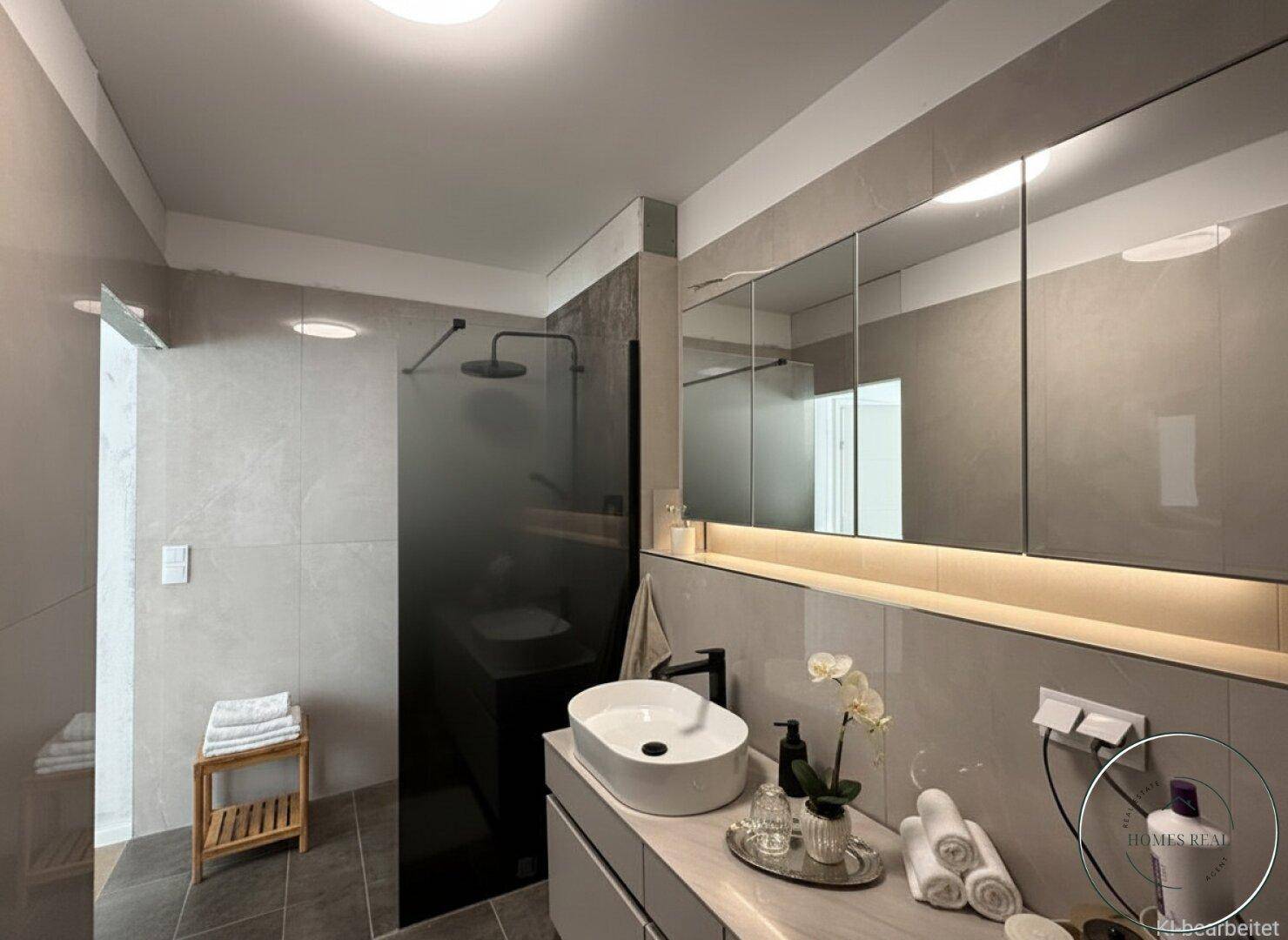 Modernes Badezimmer mit begehbarer Dusche, elegantem Waschbecken und großem Spiegelschrank.
