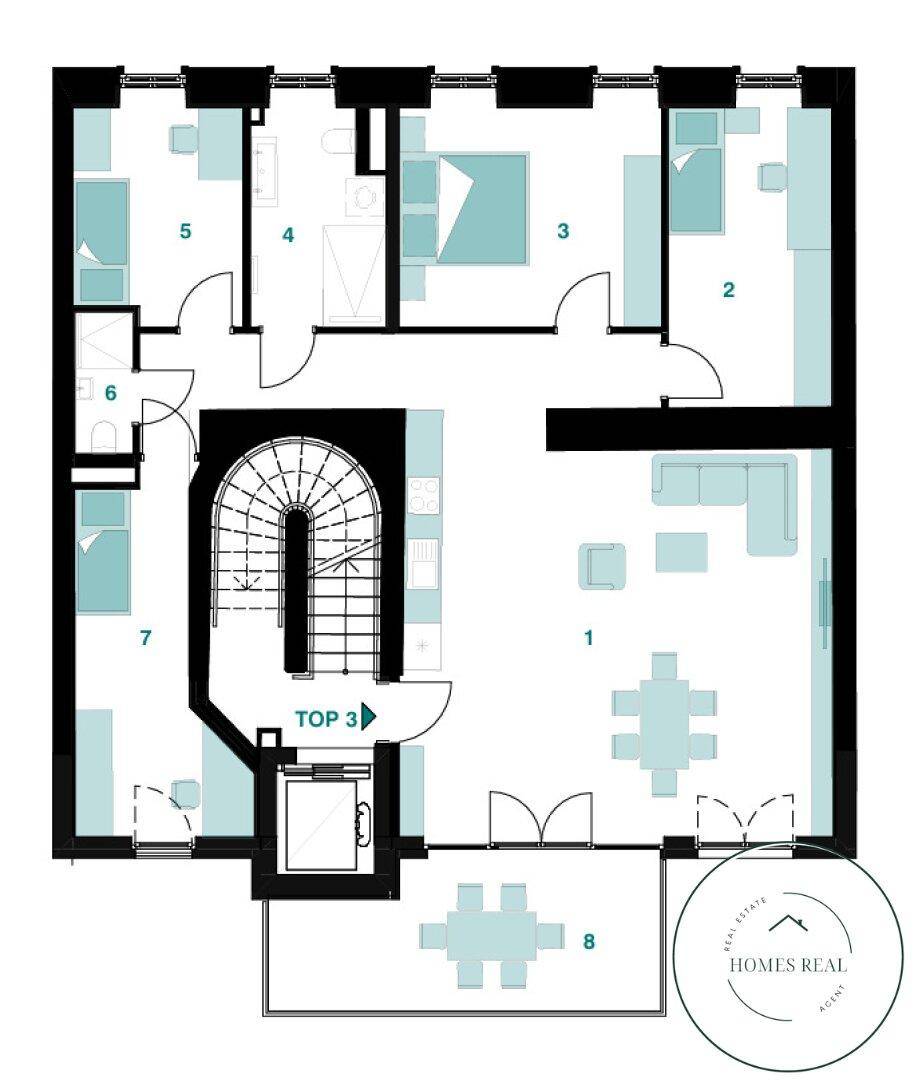 Grundriss einer Wohnung mit drei Schlafzimmern, offenem Wohnbereich und Balkon.