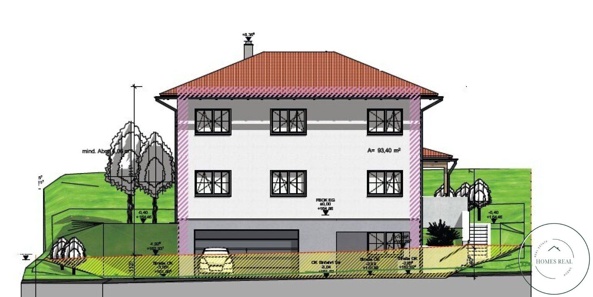 Architektonische Zeichnung der Hausfassade mit mehreren Fenstern und einem Satteldach.