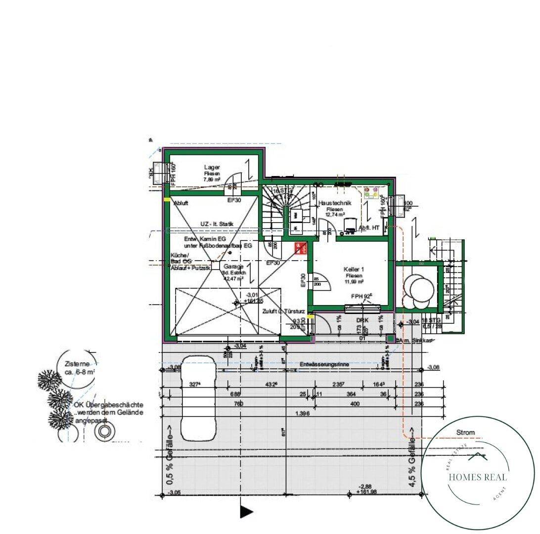 Grundriss des Untergeschosses mit Lagerraum, Haustechnik und integrierter Garage.