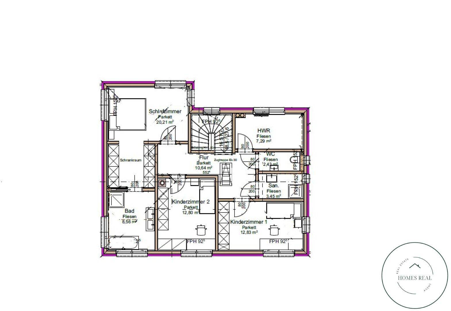 Grundriss des Obergeschosses mit drei Schlafzimmern, Badezimmer und separatem WC.