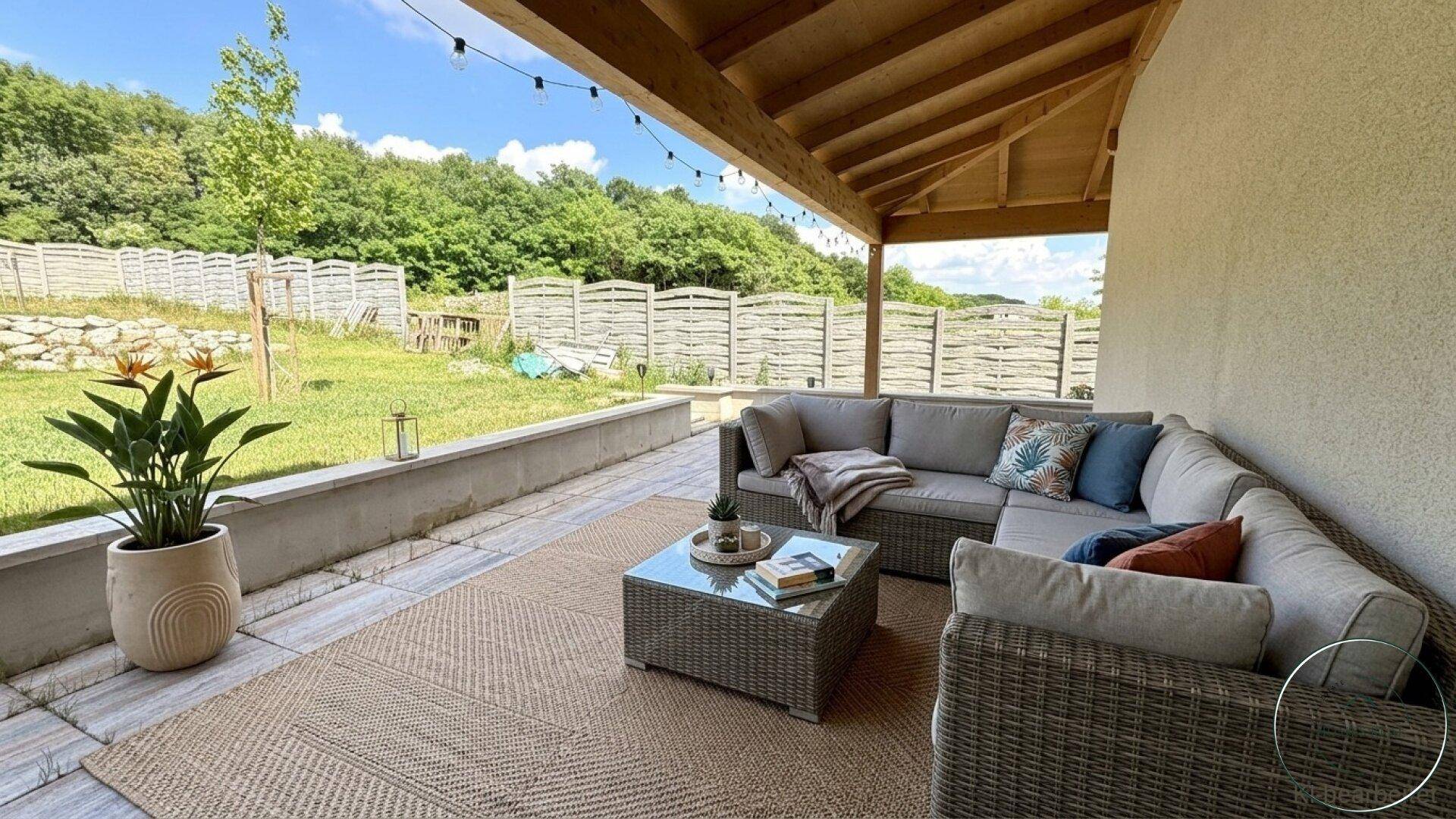 Überdachte Terrasse mit gemütlicher Lounge-Sitzgruppe und direktem Zugang zum grünen Gartenbereich.