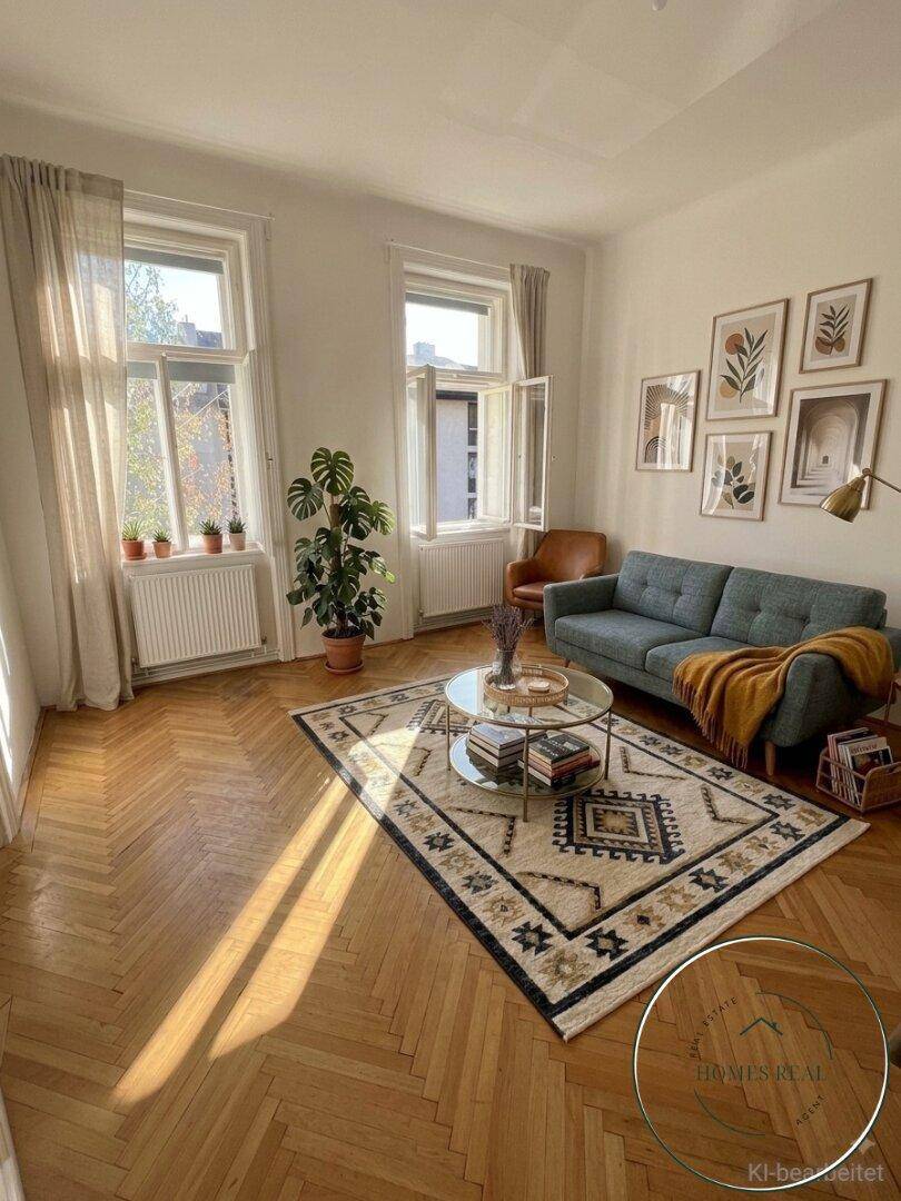 Lichtdurchflutetes Wohnzimmer mit Fischgrätparkett, bequemer Couch und stilvoller Dekoration.