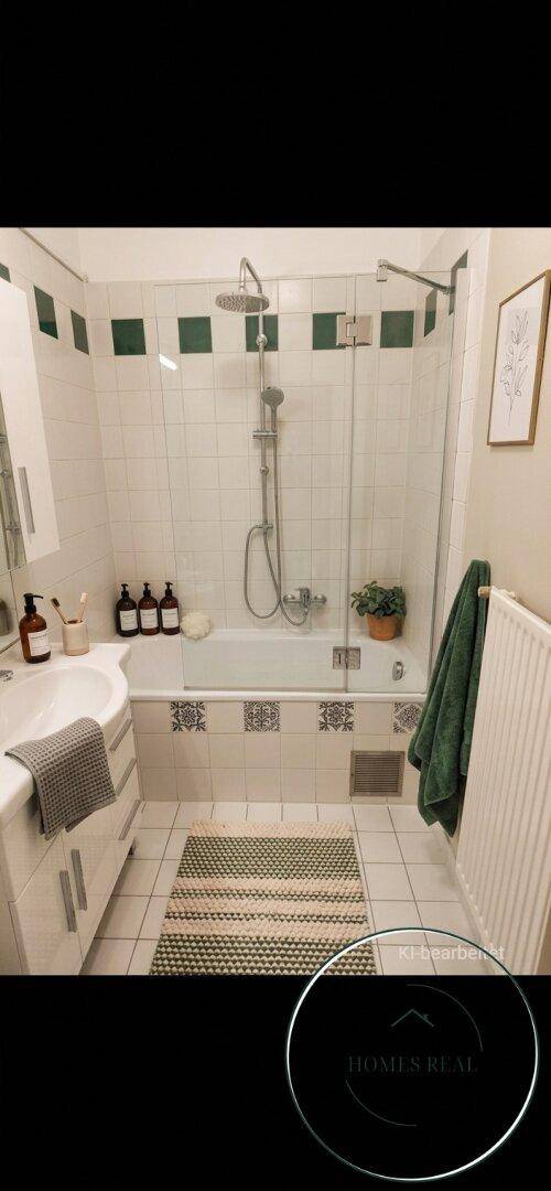 Funktionales Badezimmer mit Badewanne, Duschfunktion, Fliesenboden und Heizkörper.