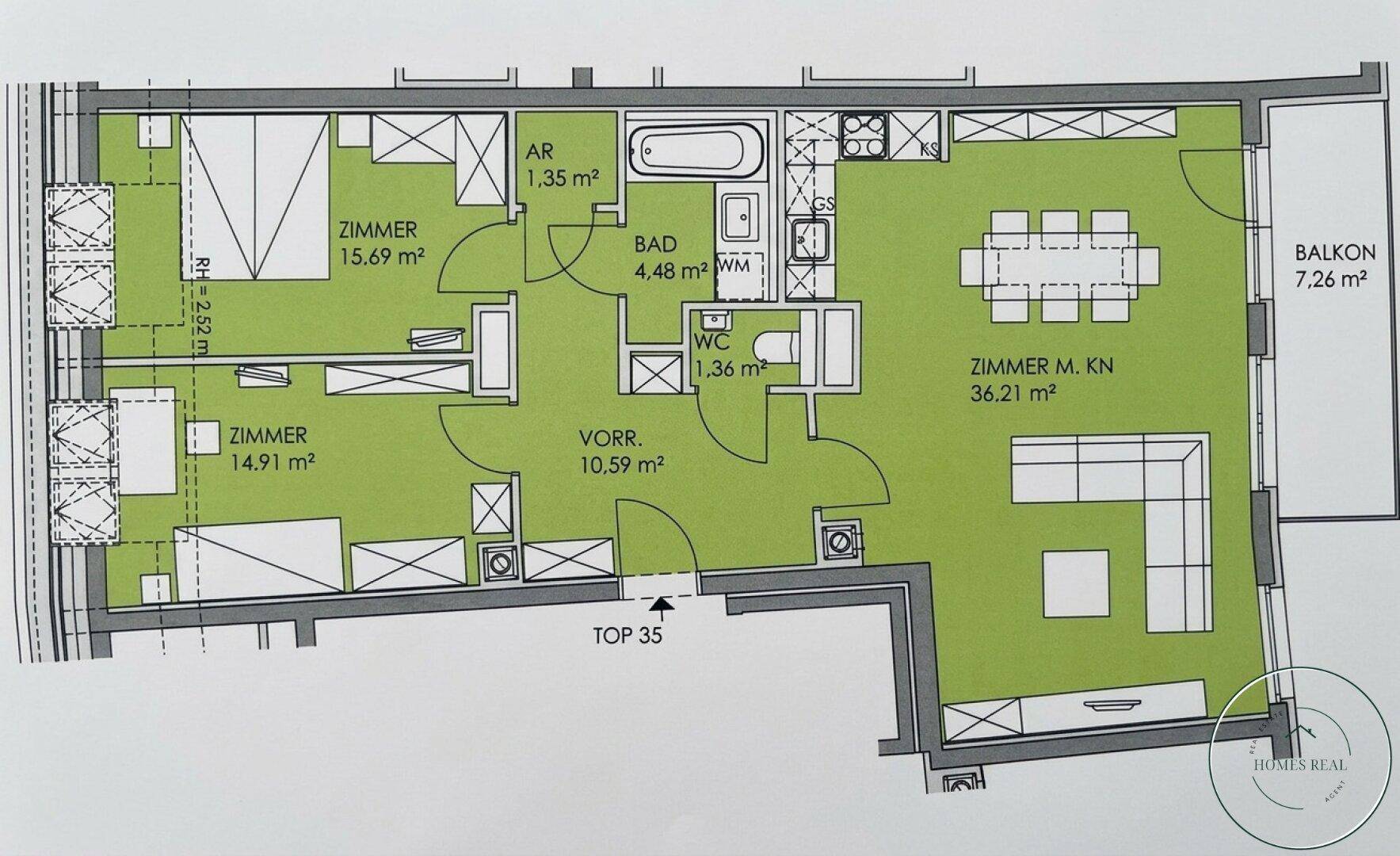 Detaillierter Grundriss der Wohnung mit Raumaufteilung, Balkon und Flächenangaben.