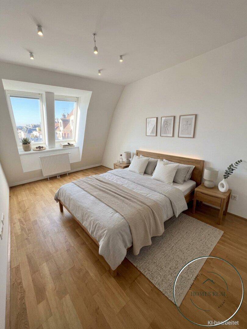 Gemütliches Schlafzimmer mit Holzboden, Doppelbett und Dachfenstern, die viel Licht hereinlassen.