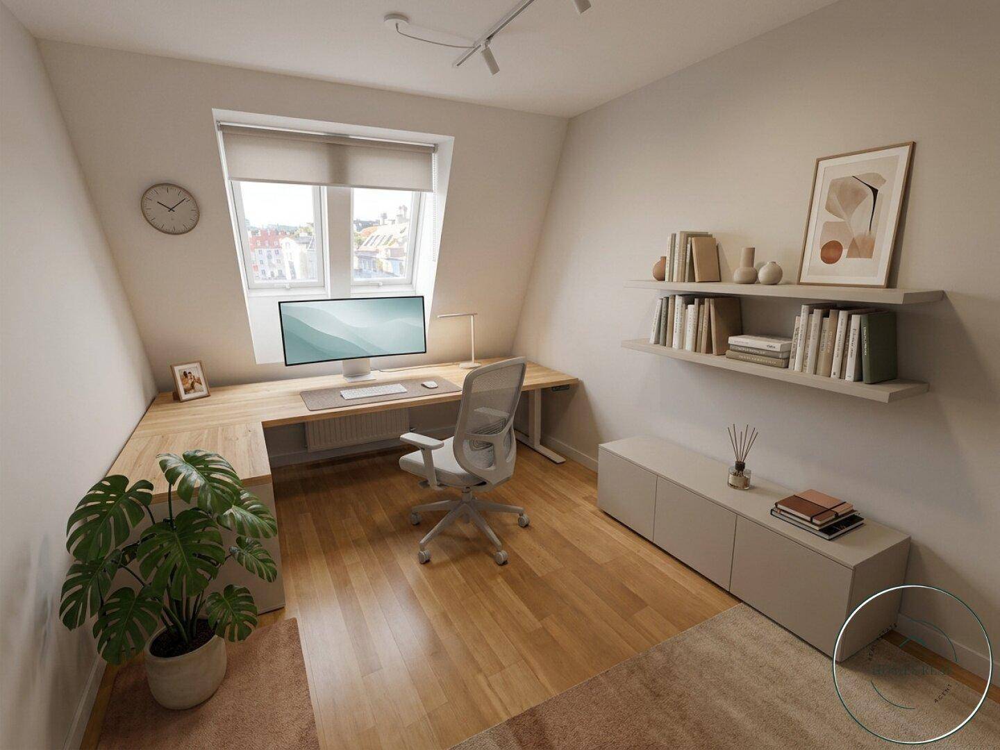 Modernes Arbeitszimmer mit Schreibtisch, ergonomischem Stuhl und Dachfenster für viel Tageslicht.