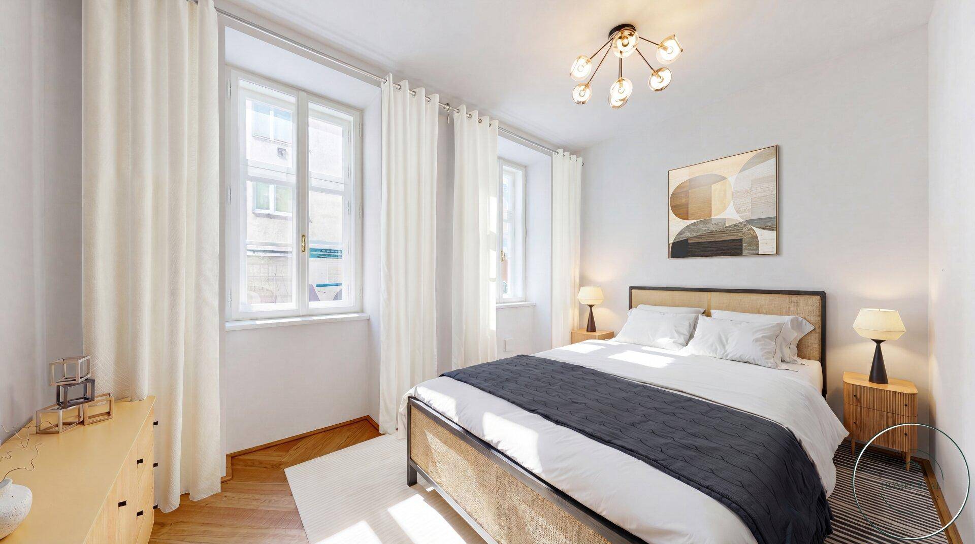 Gemütliches Schlafzimmer mit Doppelbett, Nachttischen und zwei Fenstern mit hellen Vorhängen.