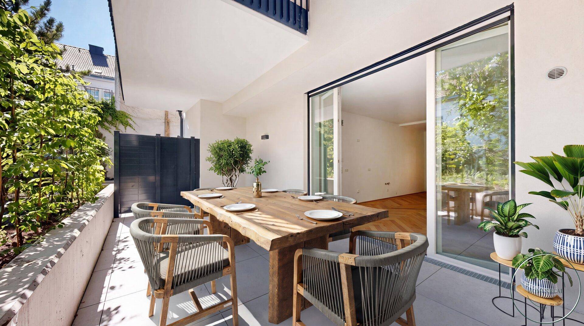 Große, möblierte Terrasse mit Holztisch, Sitzgelegenheiten und viel Grün, ideal für Mahlzeiten im Freien.