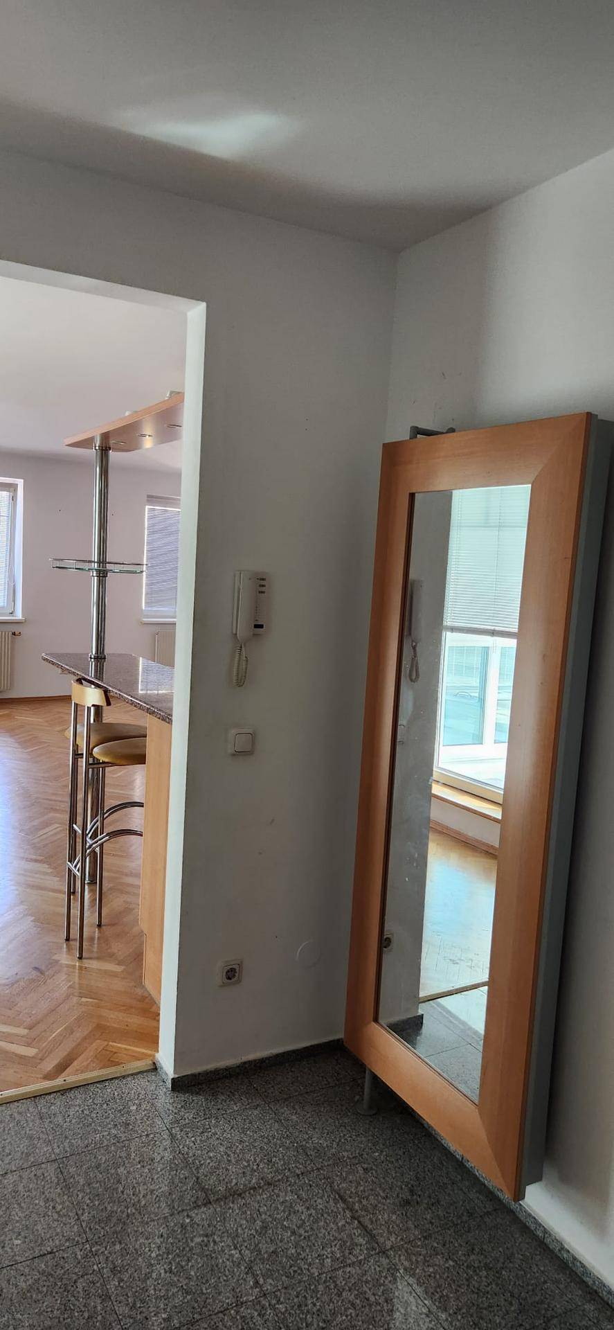 Eingangsbereich mit großem Standspiegel und dunklem Fliesenboden, der in den Wohnbereich führt.