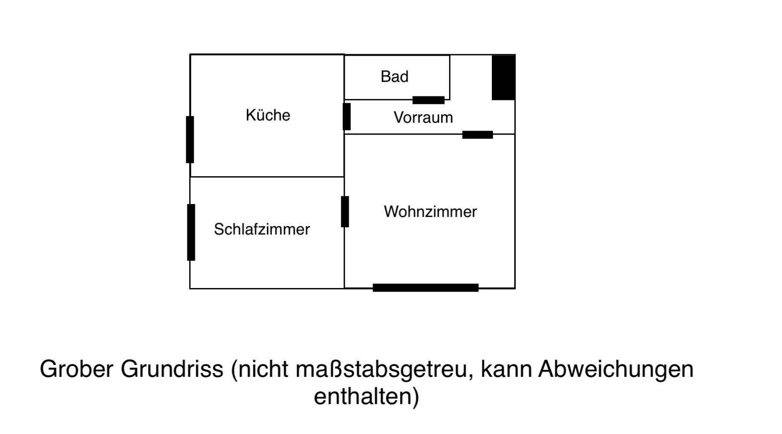 Grober Grundriss der Wohnung mit Küche, Schlafzimmer, Wohnzimmer und Bad.