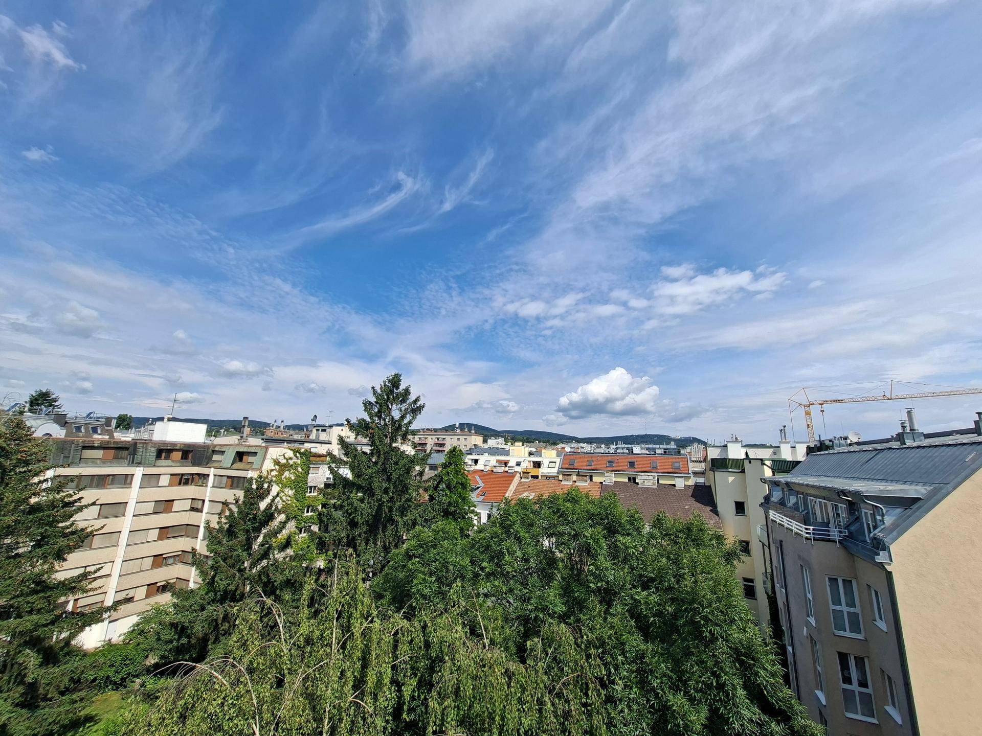 Weitblick über die Stadt mit grünen Bäumen und blauem Himmel.