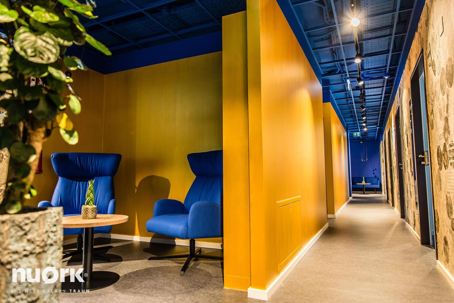 Gemütlicher Lounge-Bereich im Flur mit blauen Sesseln, einem kleinen Tisch und einer großen Pflanze.