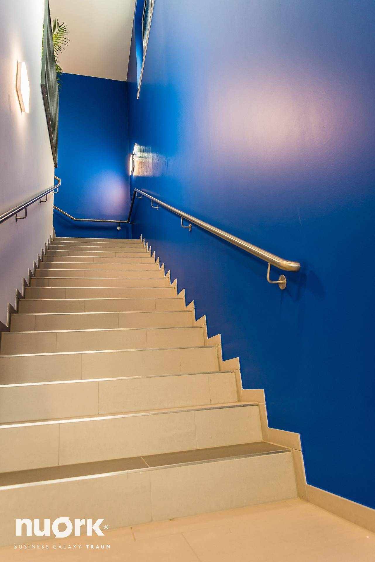 Helles Treppenhaus mit blauer Wand, weißen Stufen und Metallgeländer, das die verschiedenen Etagen verbindet.