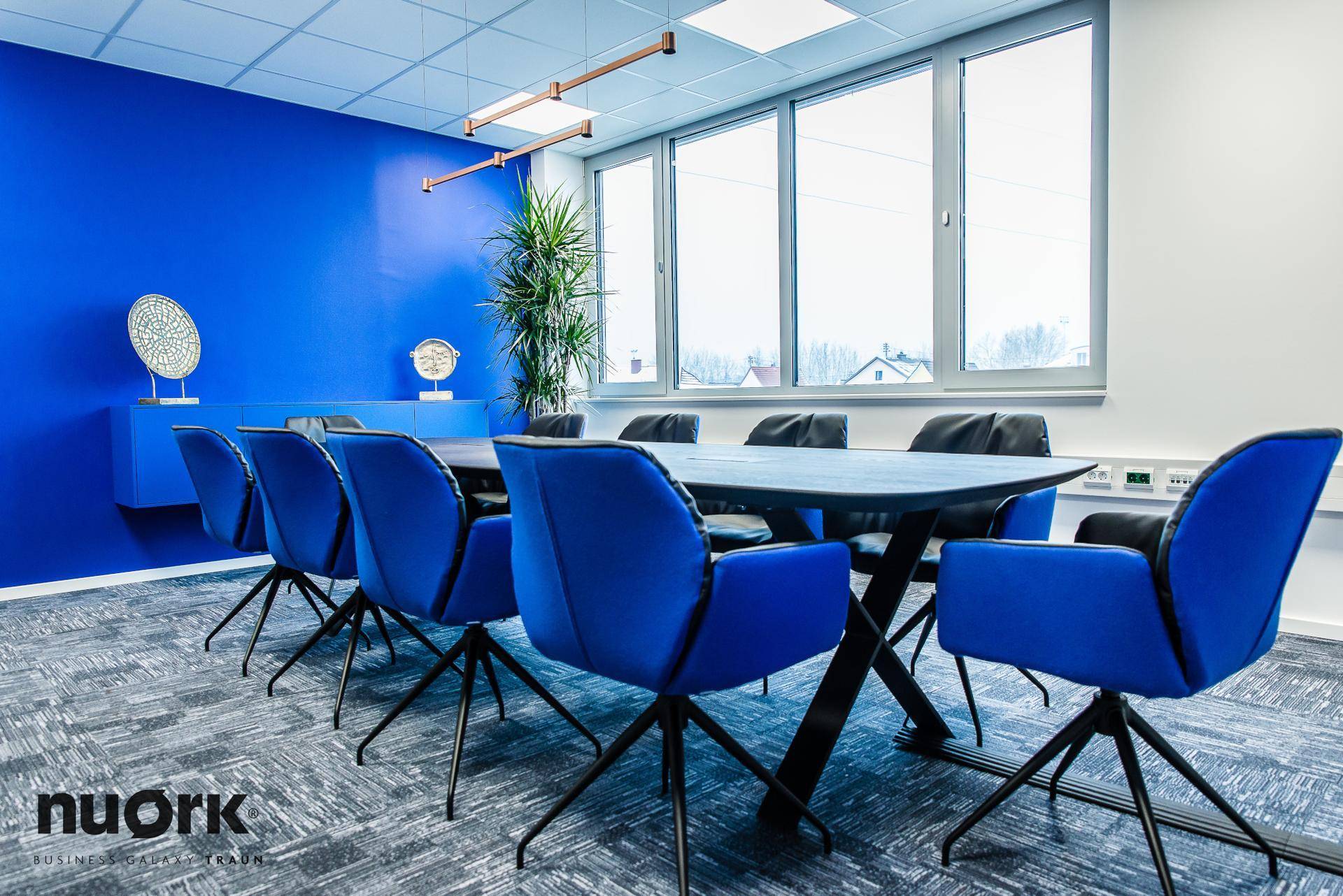 Heller Konferenzraum mit blauer Akzentwand, großen Fenstern, einer Pflanze und blauen Stühlen um einen Tisch.