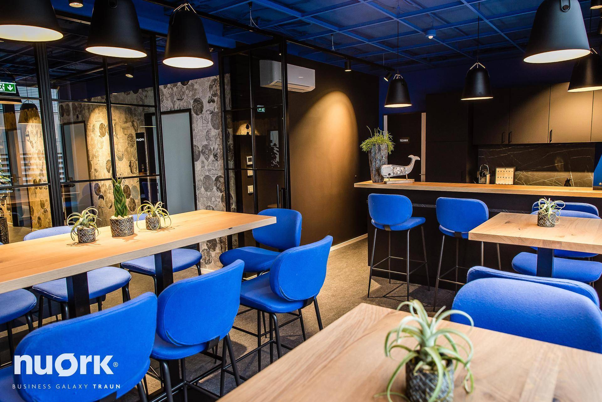 Offener Küchen- und Lounge-Bereich mit schwarzen Schränken, Holztischen und blauen Stühlen.