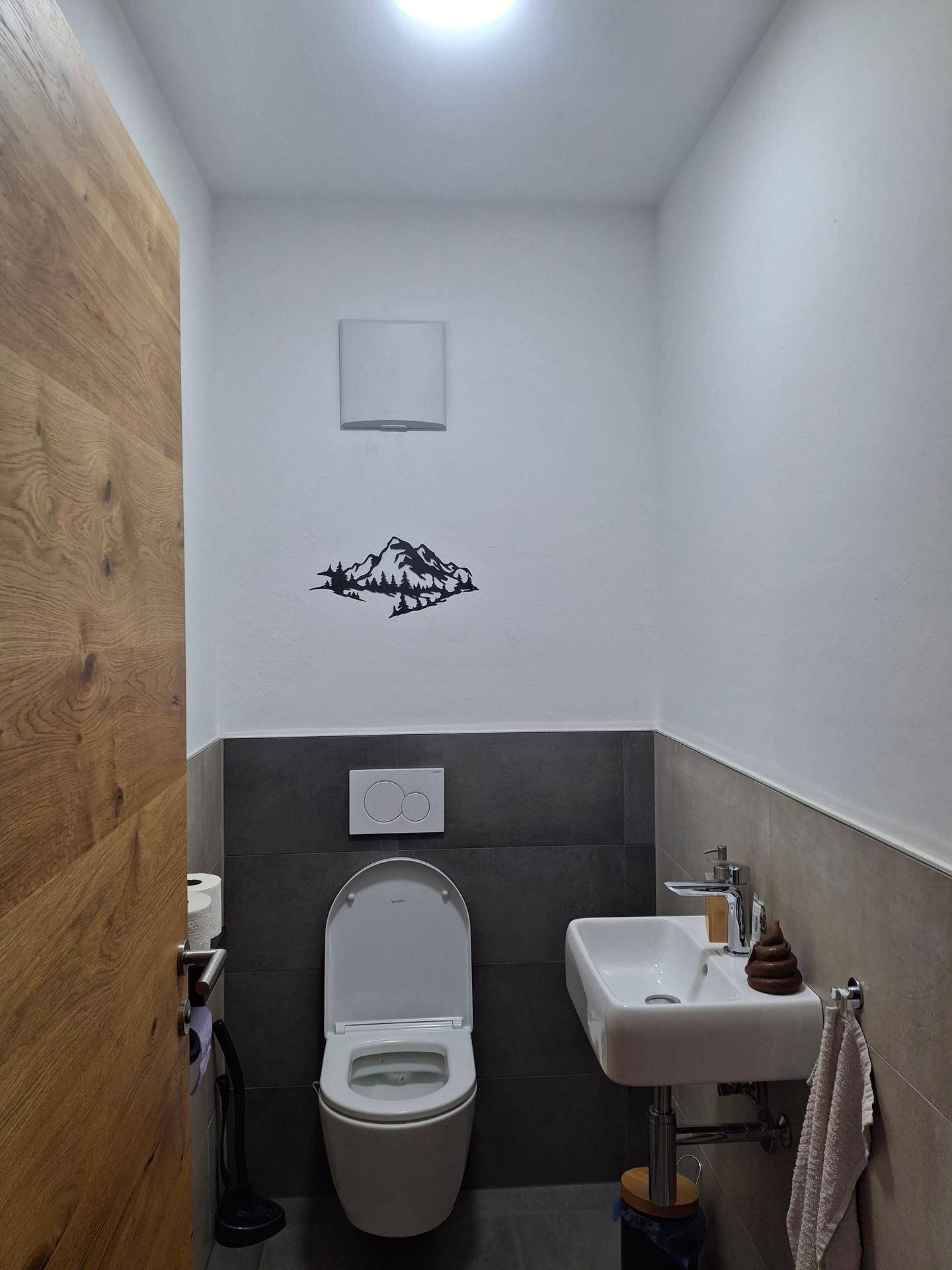 Separates Gäste-WC mit Wand-WC, kleinem Waschbecken und modernen Fliesen.