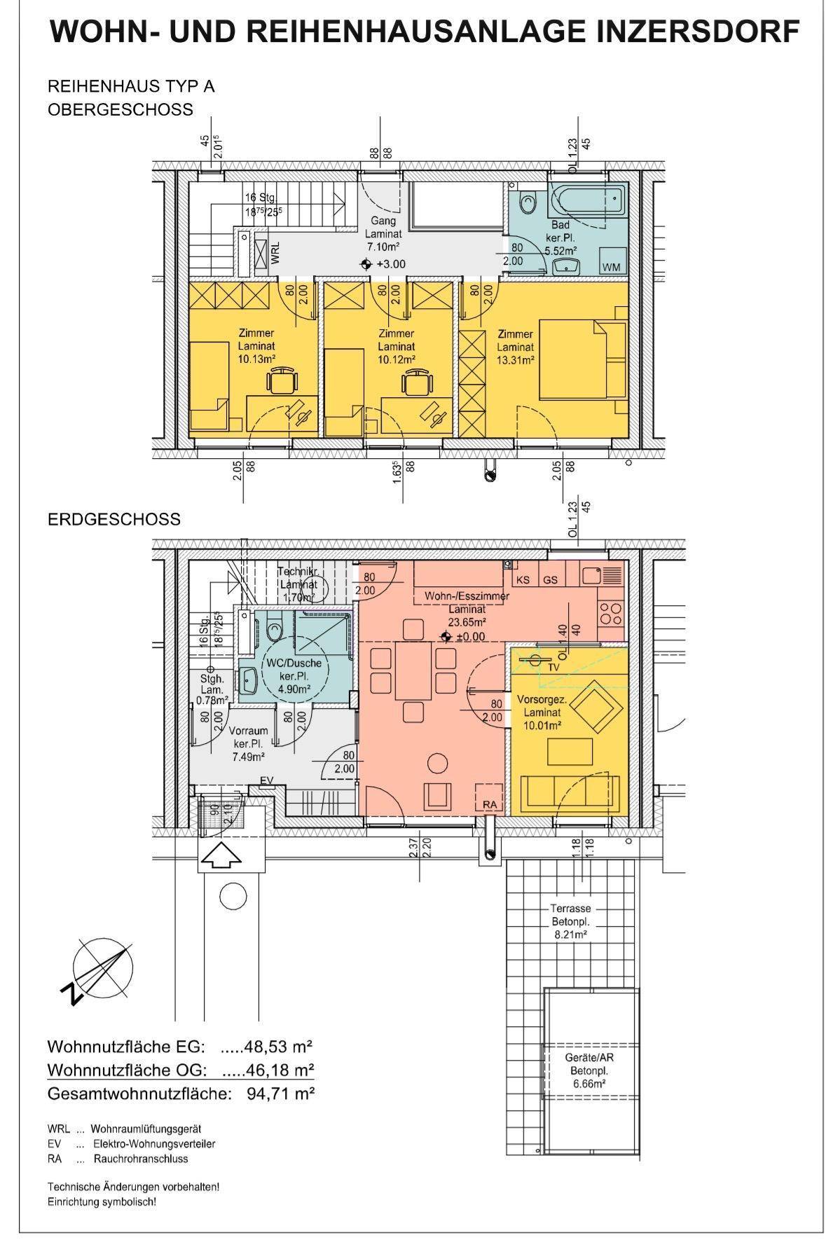 Grundrissplan eines Reihenhauses mit Erdgeschoss und Obergeschoss, inklusive Terrassen- und Gartenbereich.