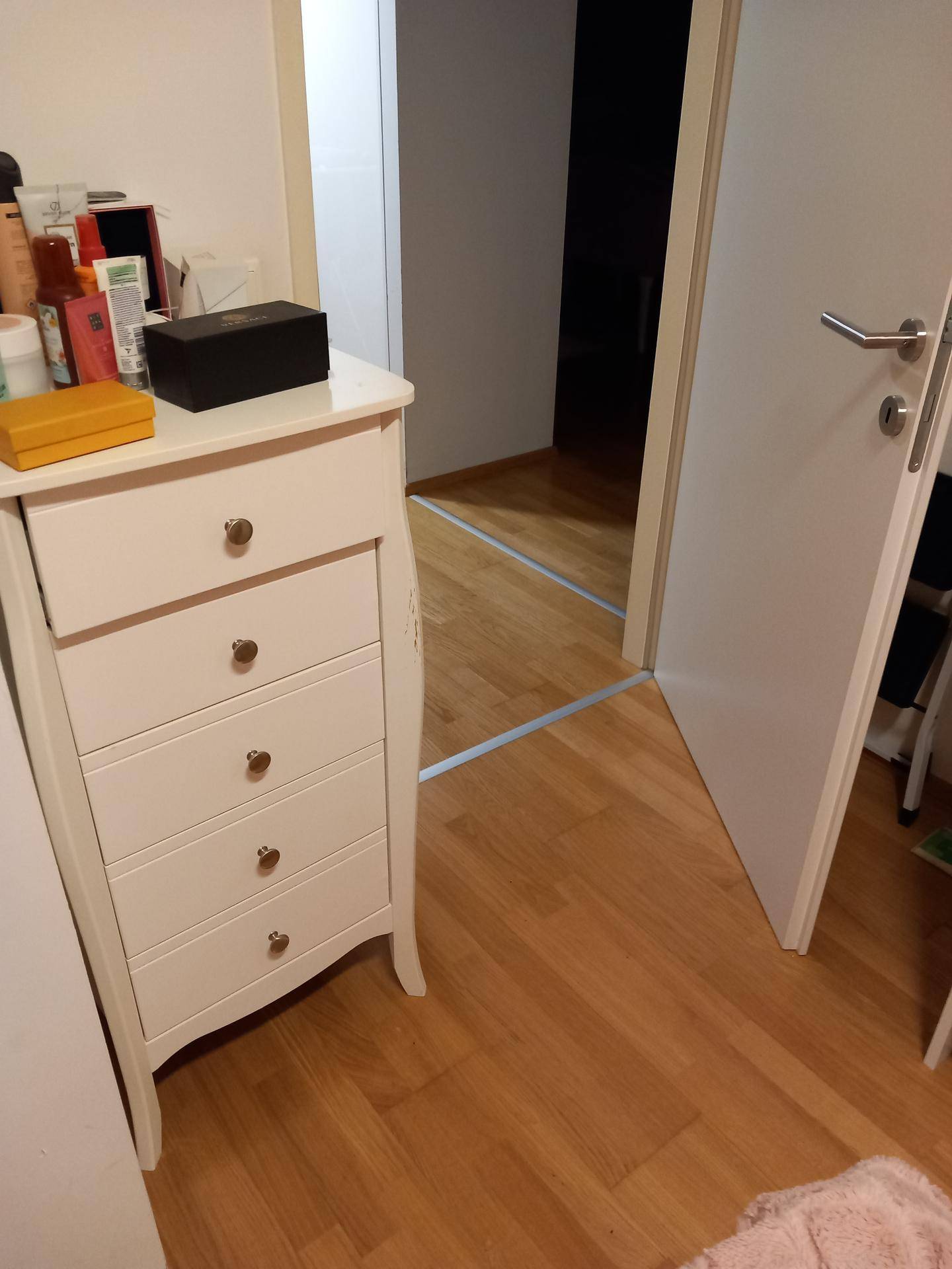 Flur mit Kommode und Zugang zu weiteren Räumen, ausgestattet mit Laminatboden.