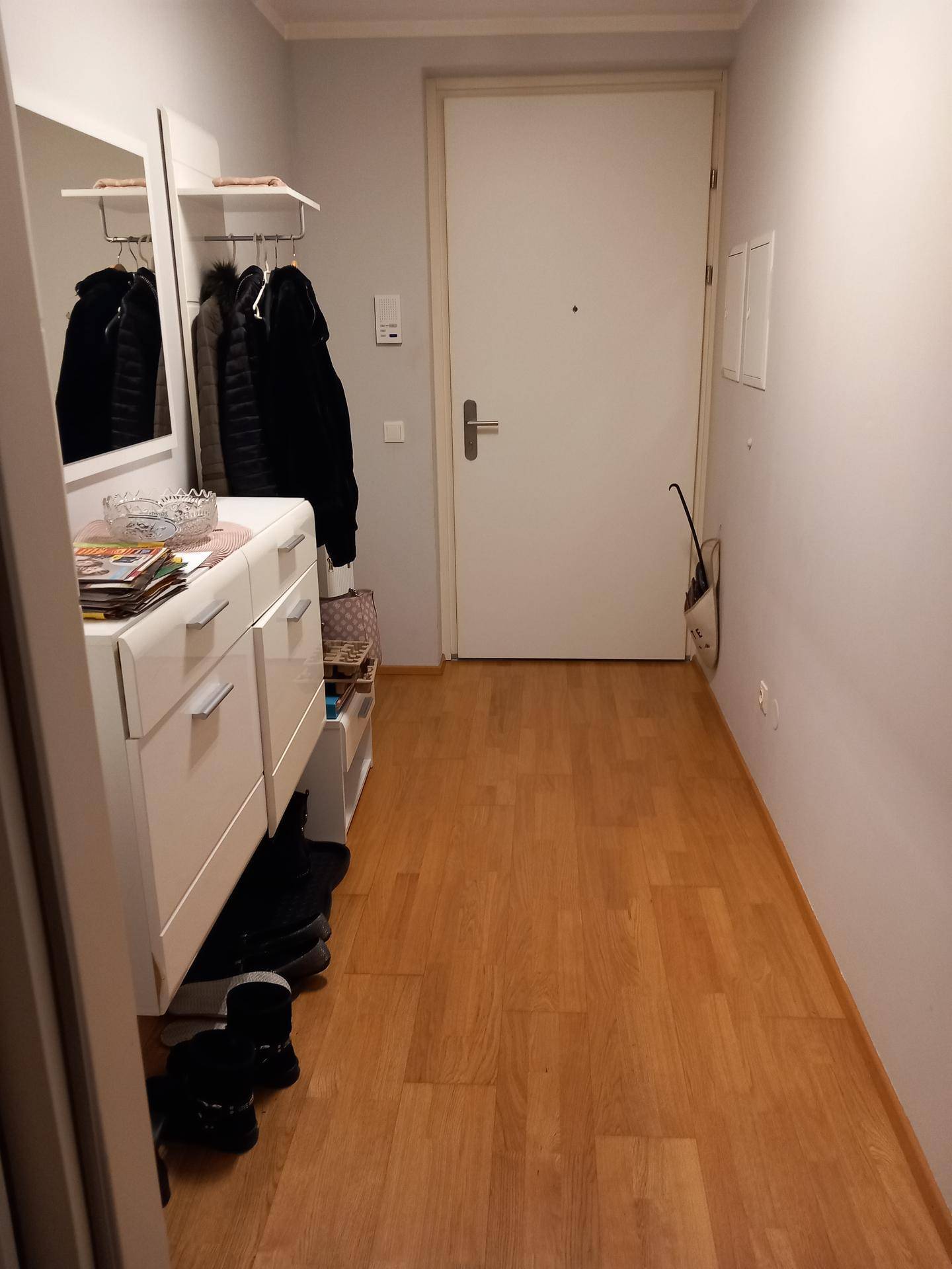 Heller Flur mit Laminatboden, weißer Eingangstür und einem Schuhschrank mit Spiegel.
